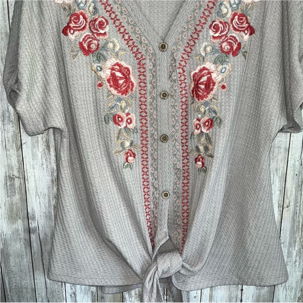 Andree Embroidered Tie Bottom Button Blouse - Picture 2 of 5